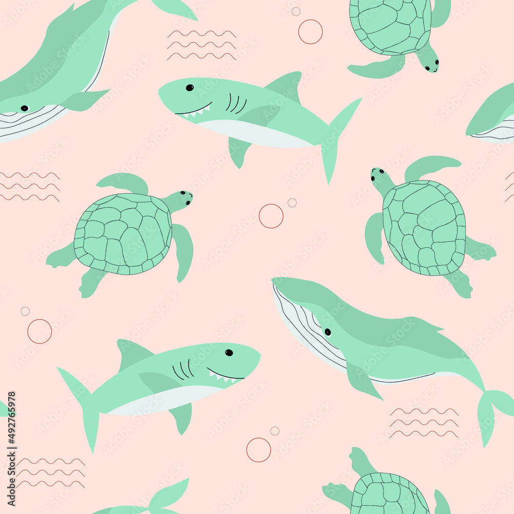 Cartoon shark, whale and turtle seamless pattern. Funny animals. Kids marine print. Hand drawn underwater world. Ocean. Cartoon shark, whale and turtle seamless pattern. Funny animals. Kids marine print. Hand drawn underwater world. Ocean.