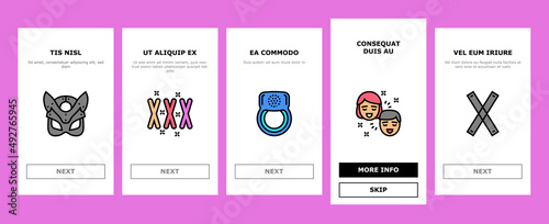 Sex Toy And Sexy Accessories Onboarding Mobile App Page Screen Vector. Vagina And Penis, Vibrator And Dildo Anal And Vaginal Masturbation Sex Toy, Handcuff Ring, Facial Mask Condom . Illustrations