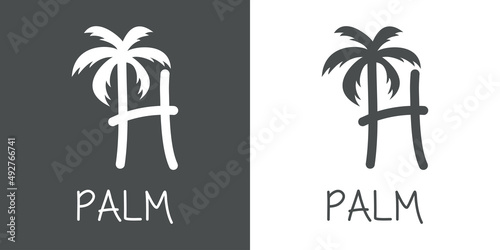 Logotipo texto Palm con letra H en tipografía con forma de silueta de palmera en fondo gris y fondo blanco