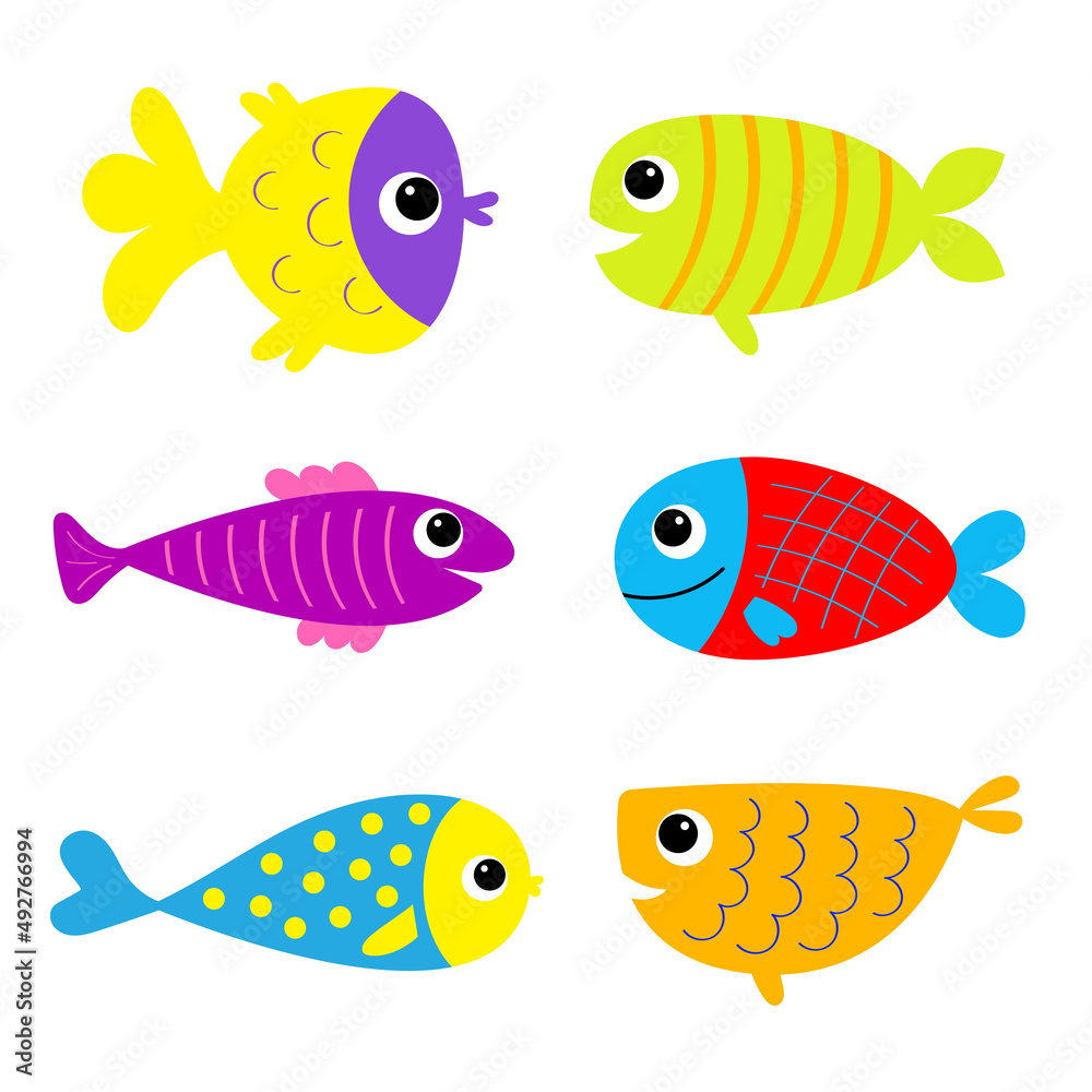 Fish set icon. Cute kawaii cartoon funny baby character. Marine life. Colorful aquarium sea ocean animals. Kids collection. Sticker print. Isolated. White background. Flat design.