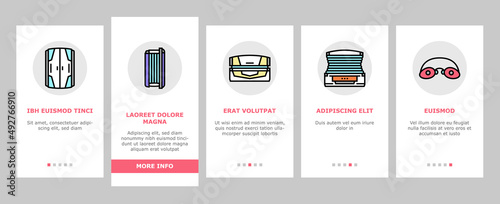 Solarium Salon Tanning Service Onboarding Mobile App Page Screen Vector. Disposable Protective Cap Glasses, Horizontal Vertical Solarium Cabin, Suntan And Sun Protect Cream Packages. Illustrations