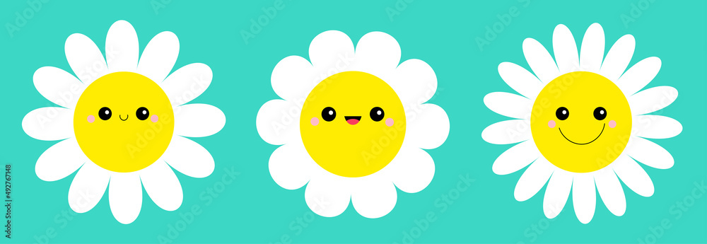 Daisy Camomile line set. White chamomile icon. Cute cartoon kawaii baby character. Funny face. Growing concept. Cute round flower plant. Love card symbol. Flat design. Green background. Daisy Camomile line set. White chamomile icon. Cute cartoon kawaii baby character. Funny face. Growing concept. Cute round flower plant. Love card symbol. Flat design. Green background.