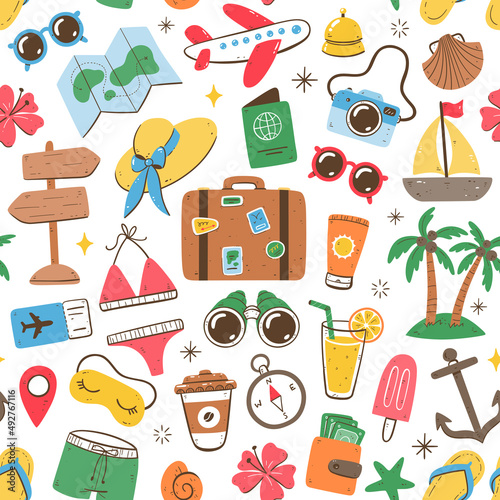 Pattern design with summer and holidays objects. Isolated elements on white background. Colorful version.