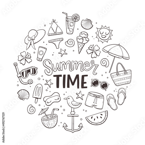 Summer Time background. Doodle style. Cute hand-drawn summer icons. Isolated objects on white background.