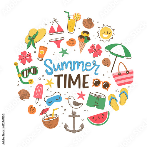 Summer Time background. Colorful style. Cute hand-drawn summer icons. Isolated objects on white background.