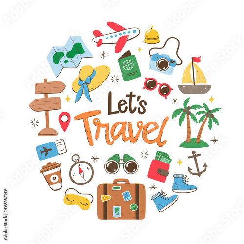 Travel holidays background. Colorful style. Cute hand-drawn travel icons. Isolated objects on white background.