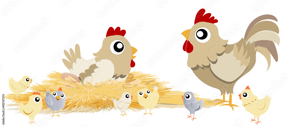 Famille poule coq beige et leurs poussins Famille poule coq beige et leurs poussins
