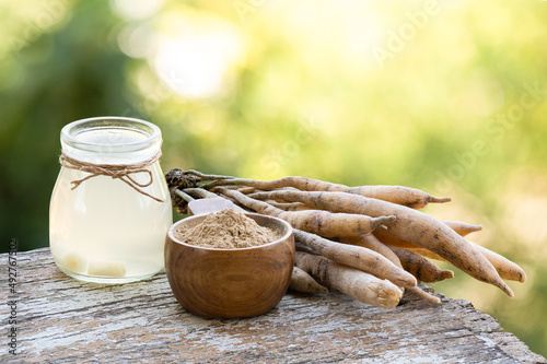 Shatavari or Asparagus racemosus roots ,powder and juice on nature background. photo