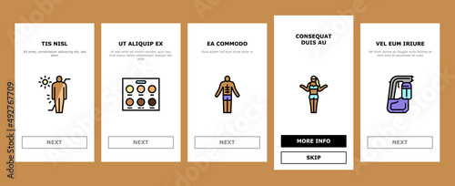 Solarium Salon Tanning Service Onboarding Mobile App Page Screen Vector. Disposable Protective Cap Glasses, Horizontal Vertical Solarium Cabin, Suntan And Sun Protect Cream Packages. Illustrations