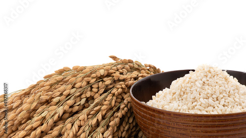 Koji Rice and ears of japanese rice isolated on white background.