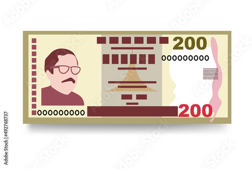 Bangladeshi Taka Vector Illustration. Bangladesh money set bundle banknotes. Paper money 200 BDT. Flat style. Isolated on white background. Simple minimal design. photo