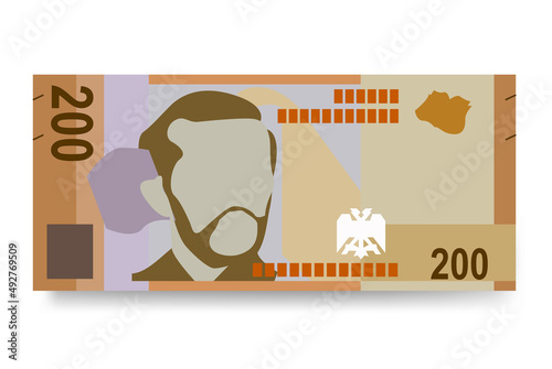 Albanian Lek Vector Illustration. Albania money set bundle banknotes. Paper money 200 ALL. Flat style. Isolated on white background. Simple minimal design.