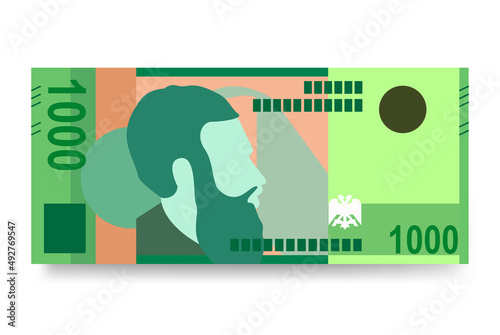 Albanian Lek Vector Illustration. Albania money set bundle banknotes. Paper money 1000 ALL. Flat style. Isolated on white background. Simple minimal design.