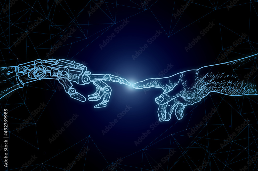 Creation of Adam, Michelangelos Theme in context of AI artificial intelligence and Robotics, humans and robots connected, vector graphic, Sci Fi Art - obrazy, fototapety, plakaty 