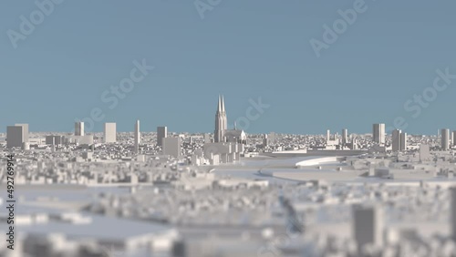 White 3D city model of Cologne. Lateral animation with depth of field and Cologne Cathedral in focus.