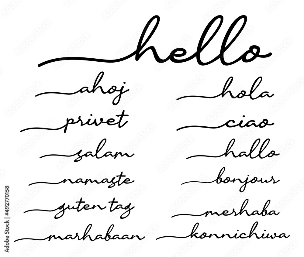 Hello Handwriting Black Vector Calligraphy. Marhaba Hallo Bonjour Namaste Salam Privet Ahoj Hola - obrazy, fototapety, plakaty 