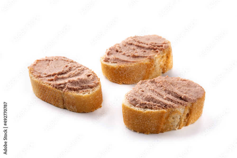 Toasted bread with pork liver pate isolated on white background	