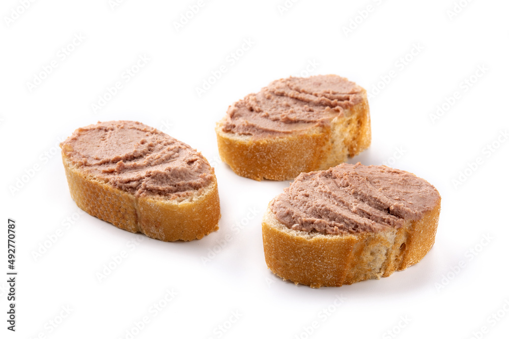 Toasted bread with pork liver pate isolated on white background Toasted bread with pork liver pate isolated on white background