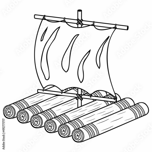 Wooden raft with sail, isolated vector illustration black outline sketch doodle