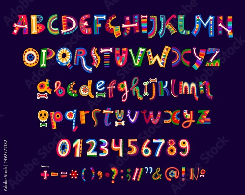 Mexican cartoon font of vector alphabet letters and numbers type. Mexico and Latin America typeface, calligraphy font with bright color floral ornaments, Day of the Dead sugar skulls and bones pattern photo