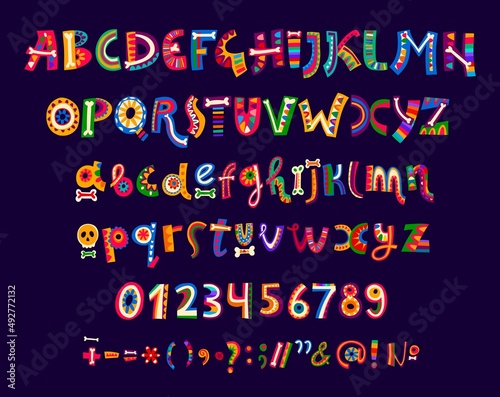 Mexican cartoon font of vector alphabet letters and numbers type. Mexico and Latin America typeface, calligraphy font with bright color floral ornaments, Day of the Dead sugar skulls and bones pattern