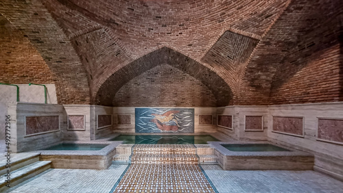 The interior of a sulfuric bath in the Abanotubani district of Tbilisi, the capital of Georgia. Royal baths. Luxury spa vacation. Relaxation Concept. Sulphur.  Swimming pool.
