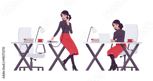 Beautiful brunette secretary, business lady, businesswoman bundle busy at workplace. Smart manager, office girl. Vector flat style cartoon character set isolated on white background, different poses © andrew_rybalko