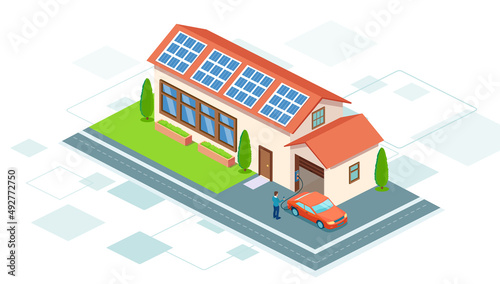 Vector of an electric modern car charging inside home garage