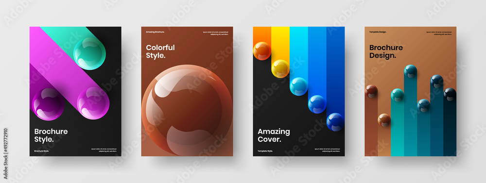 Original brochure design vector template composition. Creative realistic spheres pamphlet concept set.