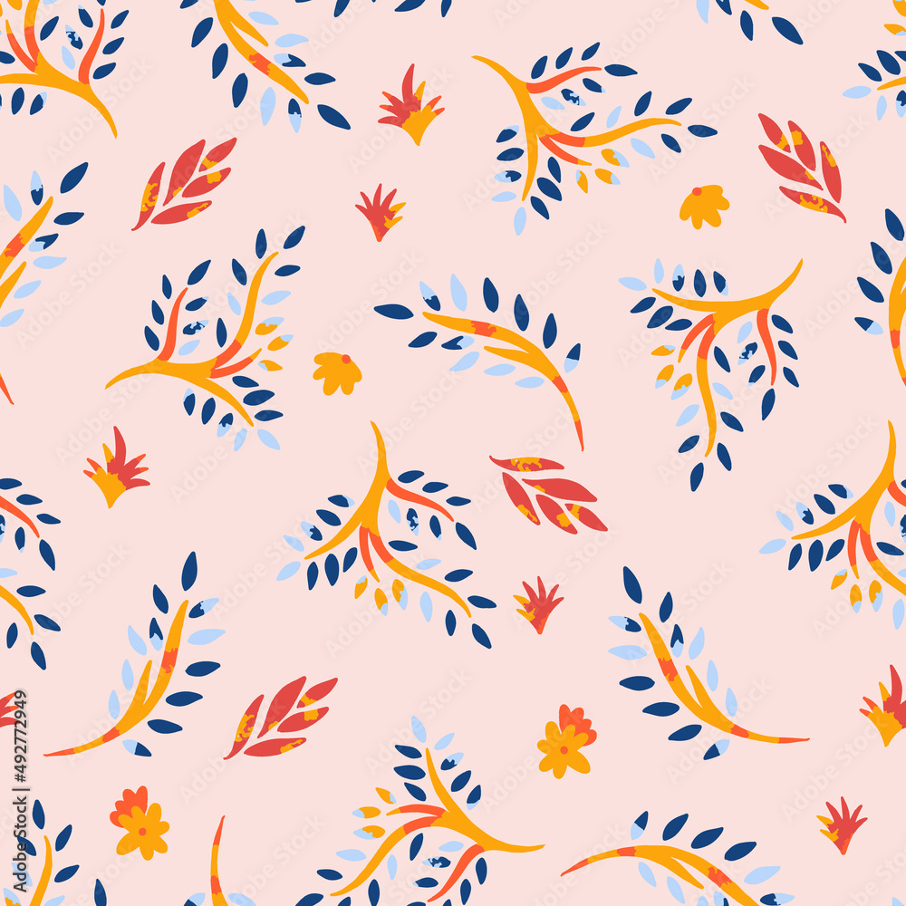 Decorative Yellow Branches and Leaves Vector Seamless Pattern