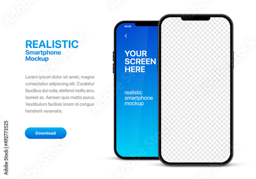 3d high quality vector smartphone mockups. Ultra realistic mobile device UI UX mockup for presentation template. Cellphone frame with blank screen isolated templates. 3d isometric illustration.
