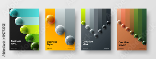 Minimalistic pamphlet A4 vector design illustration set. Geometric 3D balls cover template collection.