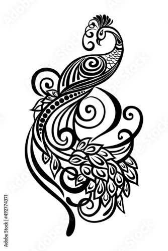 Peacock stencil design black doodle print, engraved retro pattern decorative design tattoo black and white filigree calligraphic