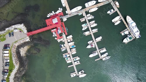 Boats Docked at Rockland Harbor in Maine (USA) | Aerial Top Down View Mid-day | Summer 2021 photo