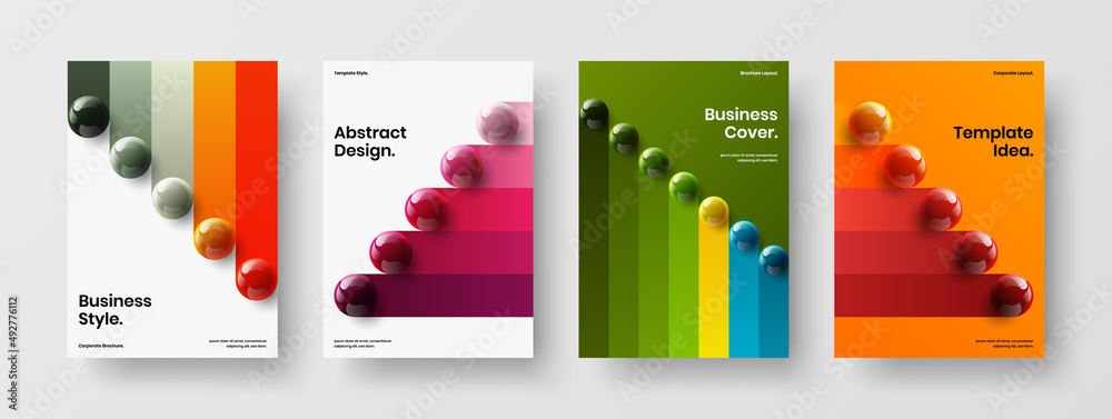 Premium 3D balls handbill concept composition. Bright journal cover vector design template set.