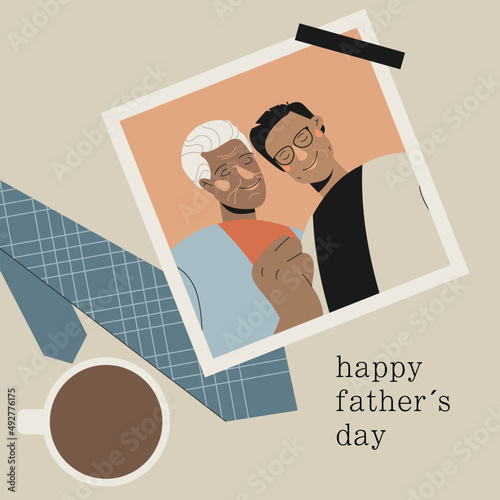 Ilustración de vector plano Día del Padre. Escritorio con café y foto de padre e hijo.
