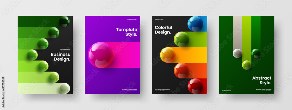 Minimalistic 3D spheres annual report illustration composition. Multicolored company brochure A4 design vector template bundle.
