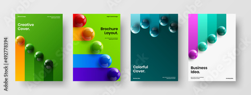 Unique postcard vector design layout collection. Modern 3D spheres journal cover template bundle.