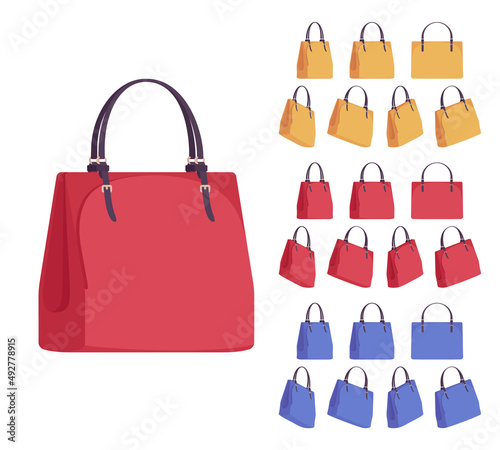 Fashion ladies hand bag bundle, female handbag elegant accessory collection. Beautiful bright classic leather purse. Vector flat style cartoon set isolated on white background, different views, colors