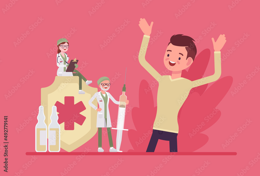 Happy healthy man, vaccine or booster shot, clinic vaccination. Male patient, medicine service care research and illness prevention. Vector flat style creative illustration, health, healthcare concept Happy healthy man, vaccine or booster shot, clinic vaccination. Male patient, medicine service care research and illness prevention. Vector flat style creative illustration, health, healthcare concept
