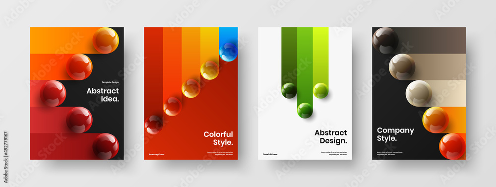 Original 3D spheres corporate brochure illustration set. Bright magazine cover vector design template composition.