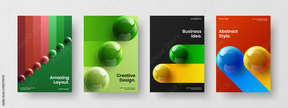 Geometric front page A4 vector design template composition. Bright 3D balls book cover layout bundle.
