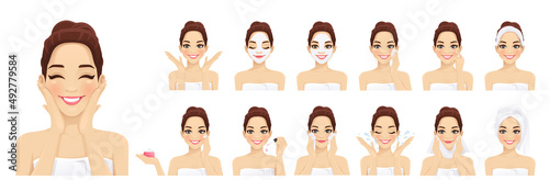 Beautiful young woman take care about her face set vector illustration