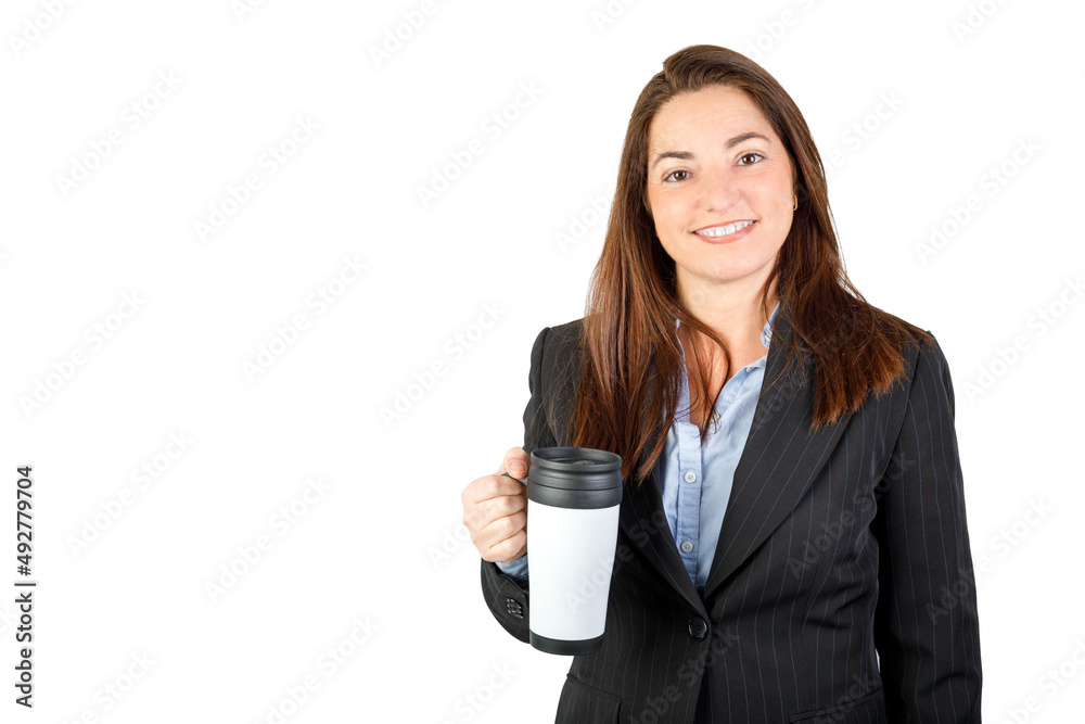 Happy woman holding a portable thermo mug. Isolated on white background. 40-45 years old business woman. Happy woman holding a portable thermo mug. Isolated on white background. 40-45 years old business woman.