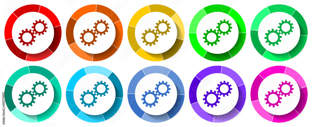Technology icon set, cogwheel flat design vector illustration in 10 colors options for mobile applications and webdesign