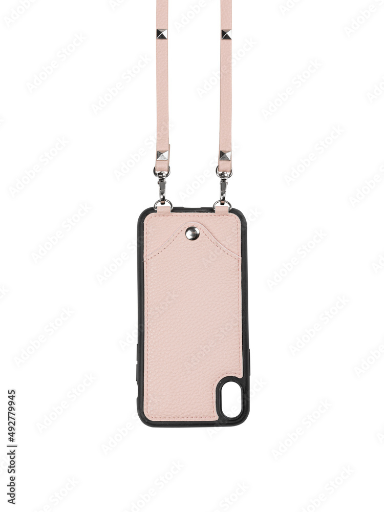 Fototapeta premium Pink leather case for iphone isolated on white background