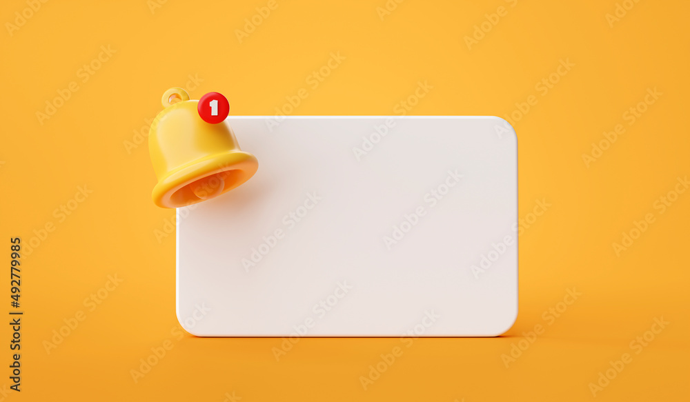 Reminder popup bell notification alert or alarm icon sign or symbol for application website ui on yellow background 3d rendering illustration - obrazy, fototapety, plakaty 