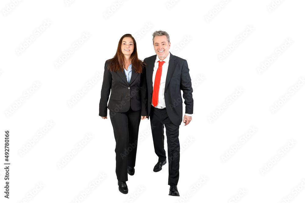 Happy Business man and business woman. Wearing a suit, smiling looking at camera. Isolated on white background. 45-50 years old. Happy Business man and business woman. Wearing a suit, smiling looking at camera. Isolated on white background. 45-50 years old.
