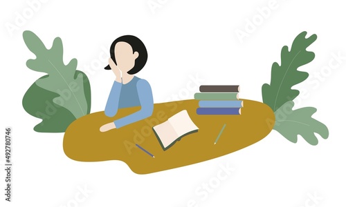 An adult or teenager is bored, sits at the table with his head propped on his hand and does not want to work, study. Flat vector illustration