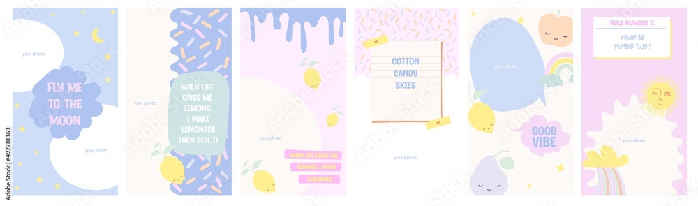 Template for social media collection. Vertical background. Hippie colorful design with positive quotes and fun elements. Baby design. Editable Vector Illustration. Template for social media collection. Vertical background. Hippie colorful design with positive quotes and fun elements. Baby design. Editable Vector Illustration.